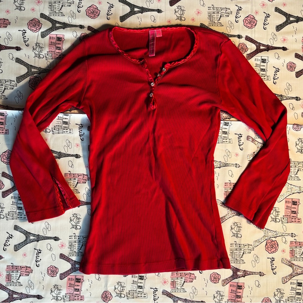 Charlotte Red Loungewear Top with Faux-Diamond Buttons